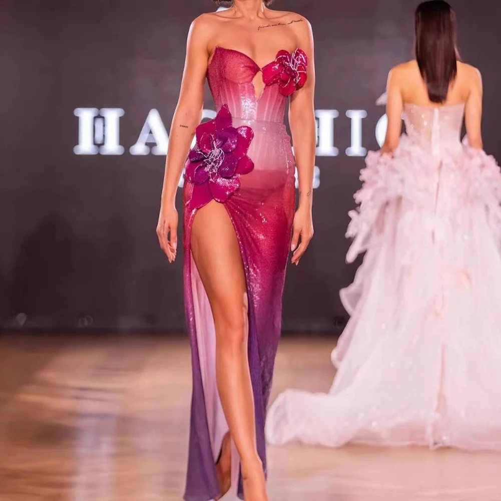 

Sexy Bandage Dress for Women Heavy Flower Sequins Suspenders High Slit Tube Top Slim Fit Evening Dress-GZXX829