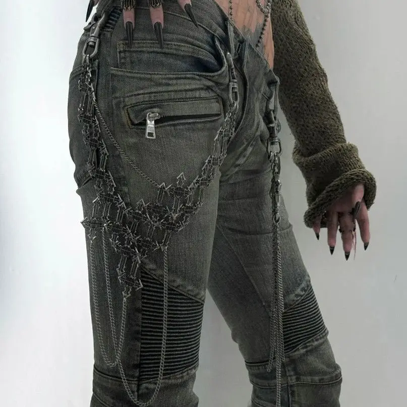 Irregular dark cross stitching pants chain waist chain bag hanging necklace