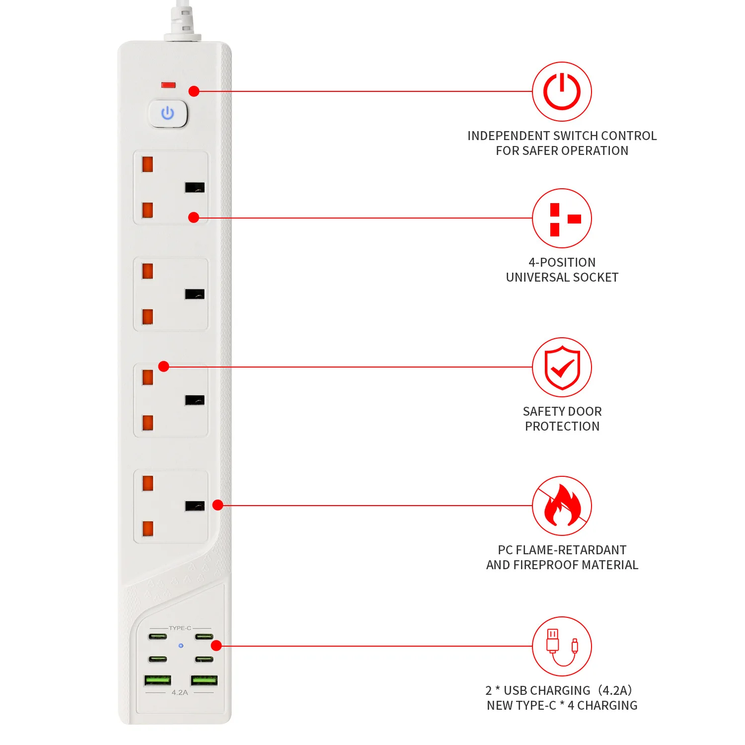 New 4 Way Extension UK Power Strip With Type-C PC Flame Retardant Pure Copper Power Socket with Overload Overload Protection