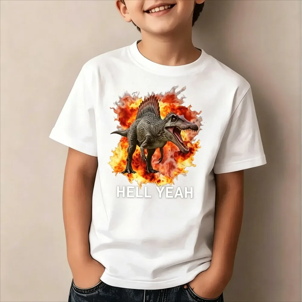 Summer JHell Yeah Slogan & Spinosaurus Dinosaur Boy Girls T Shirt Kids Baby Youth Tee Streetwear Casual Oversize Short Sleeve