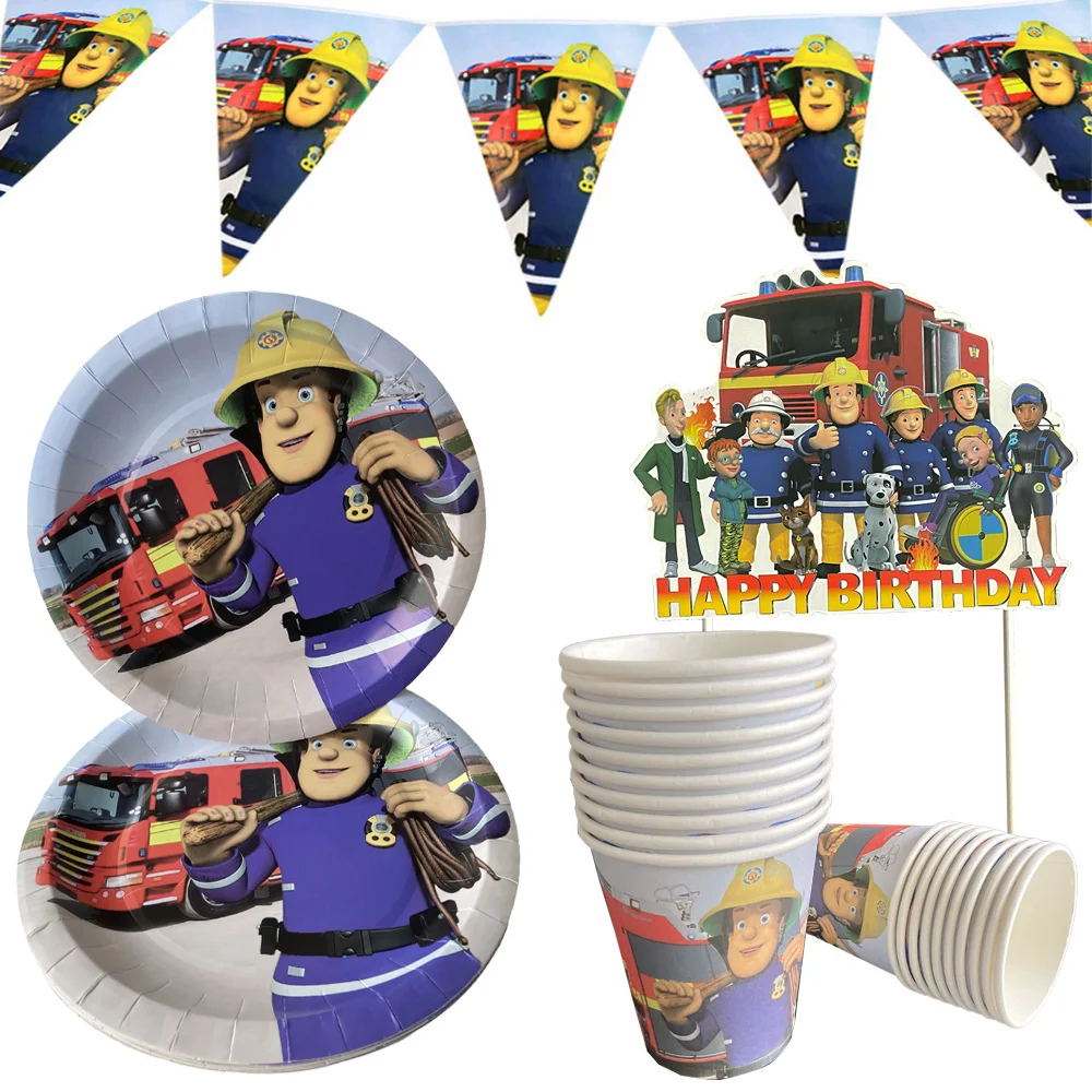 

Fireman Sam Themed Birthday Party Supplies Tableware Spiral Banner Plates Cups Fire Engine Truck Sam Ballon Cake Topper Decor