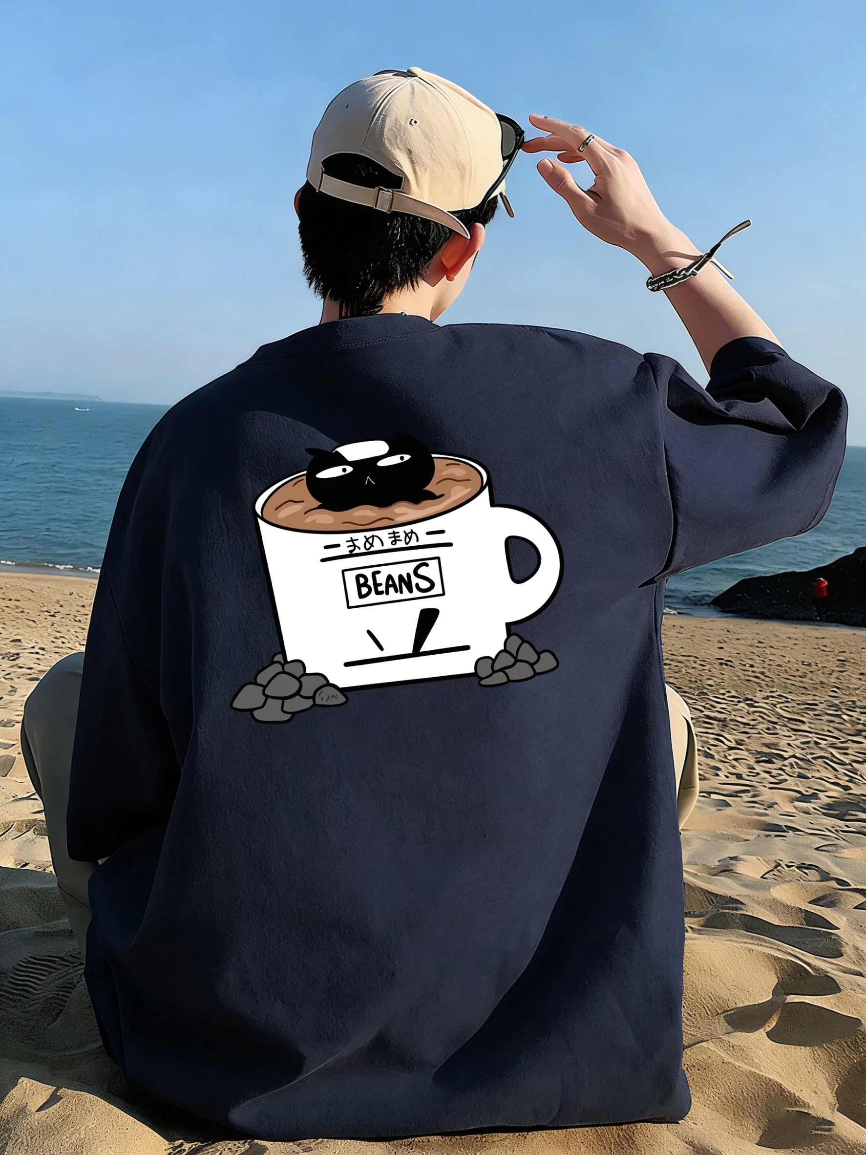 Cat In Coffee Beans Cup Printed Cotton T-Shirts Mens Summer Oversized O-Neck T Shirt Comfortable Soft Tops Basic Male Clothes
