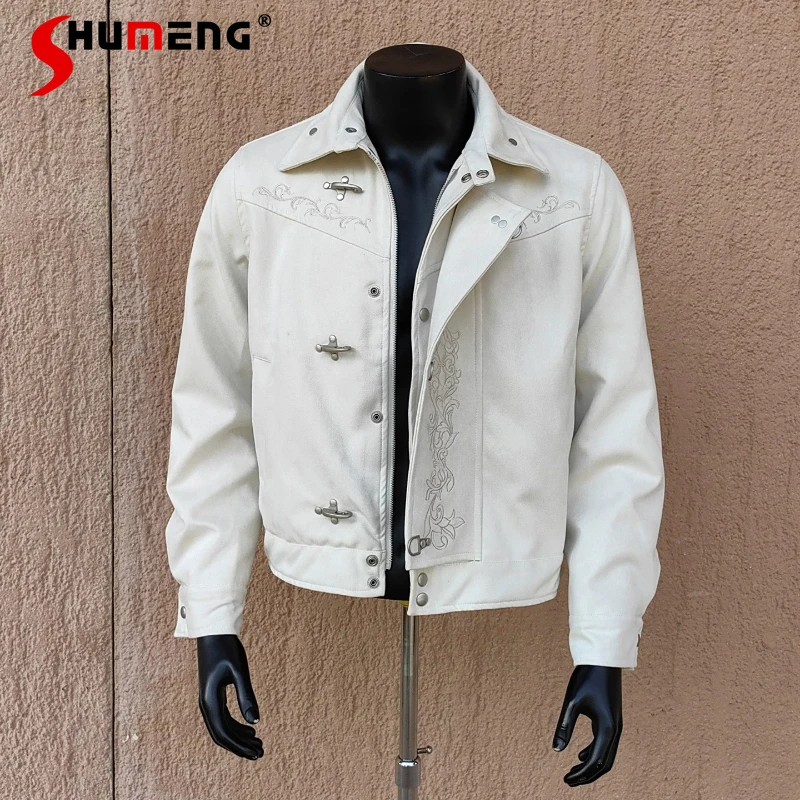 

Men's 2026 Spring New Handsome Solid Color Coats Trend High-end Embroidered Chic Tops Male Stylish Airplane Buckle Lapel Jackets