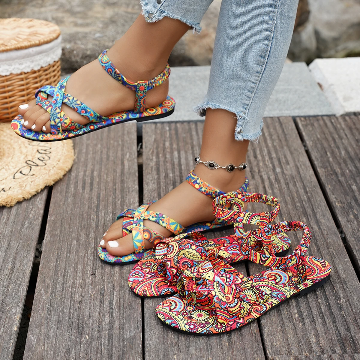 Women Flat Sandals Fashion Lightweight Designer Shoes Flats Sandals Printed Bohemia Roman Style Shoes for Women Zapatos De Mujer