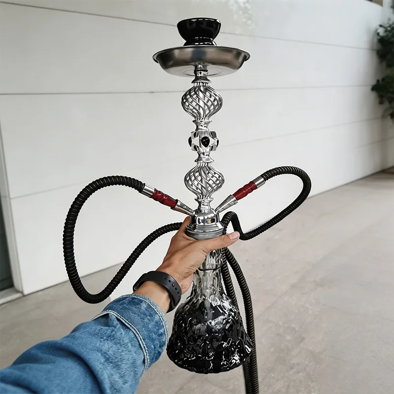 Hookah Shisha Full Set 2‑Hose Luxury Carved Metal Stem Embossed Glass Vase Complete Smoking Kit For Home Party Bar