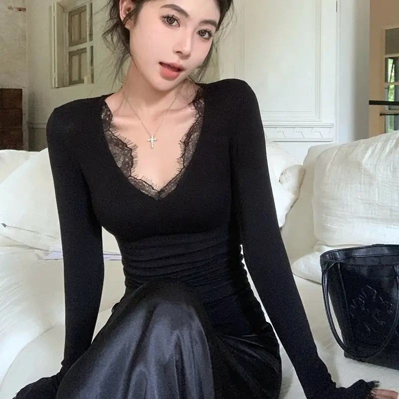 Black Velvet Base Shirt for Women Pure Desire Style V-neck Lace Western-style T-shirt Slim Fit Long Sleeved Top for Women