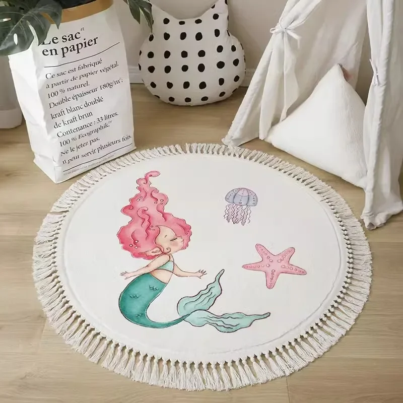 

Tassel Children's Carpet Cute Mermaid Girl Bedroom Carpet Cartoon Creative Interesting Floor Mat Ocean Theme Rug Plush Soft Mats