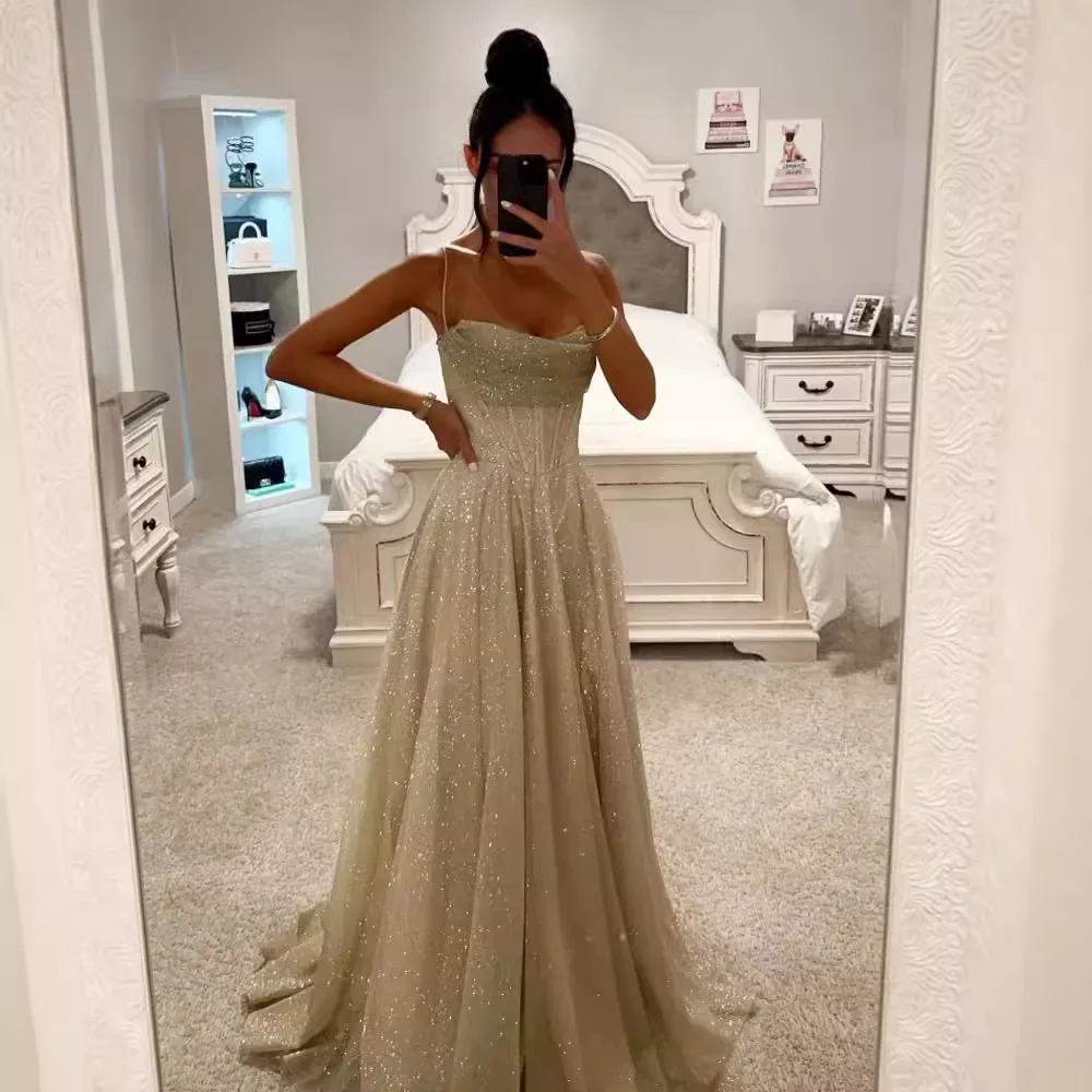 

Women's Shiny Hot Stamping Mesh Spaghetti Strap Dresses Fashion Sexy Low Cut Folds Party Prom Dress Elegant Socialite Vestidos