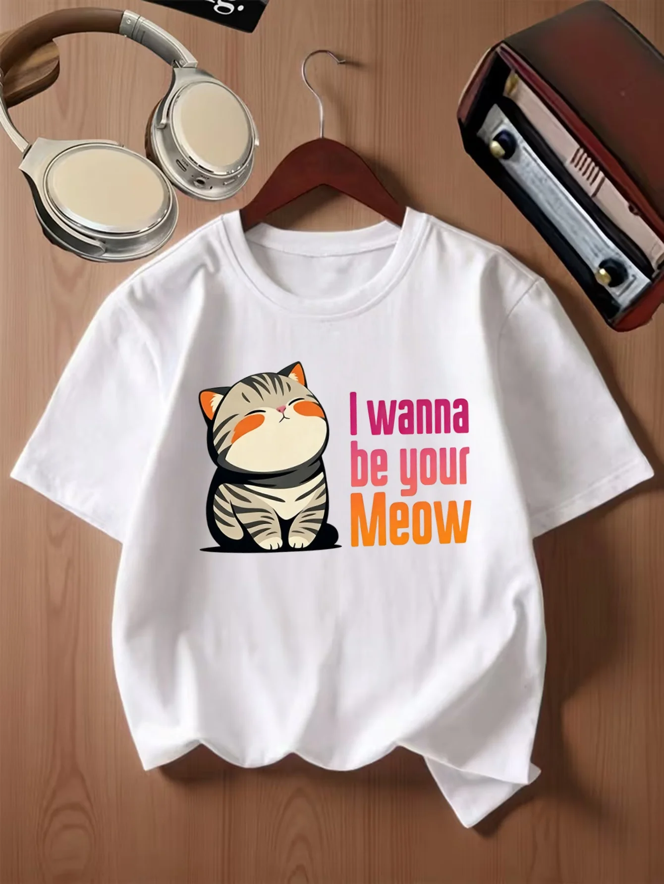 Lovely Chubby Striped Cat Gradient Letter Print Kids T Shirt Boys Girls Family Matching Summer Crew Neck Short Sleeve Casual Tee