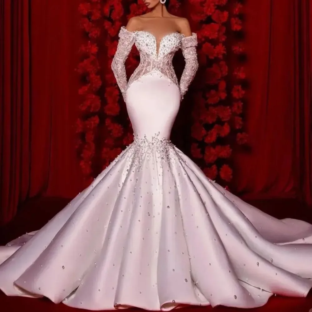 Luxury Mermaid Wedding Dresses V-Neck Beaded Lace Appliques Off Shoulder Long Sleeves Floor Length Bridal Gown Vestido De Novia