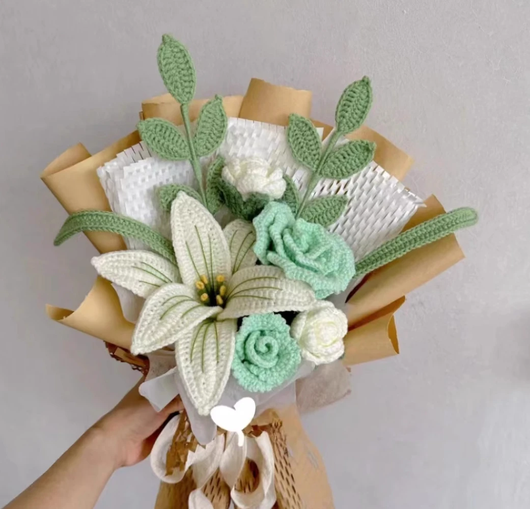 

Hand knitted diy morning glory wine glass rose bouquet material package homemade creative finished wool flowers for girlfriend