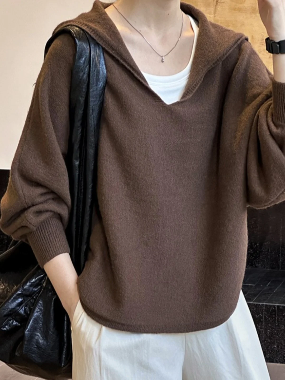 

Loose Korean Sle Knitted Sweater Women's Naval Collar Batwing Sve Casual Faion Lantern Sve Top Trendy Streetwear