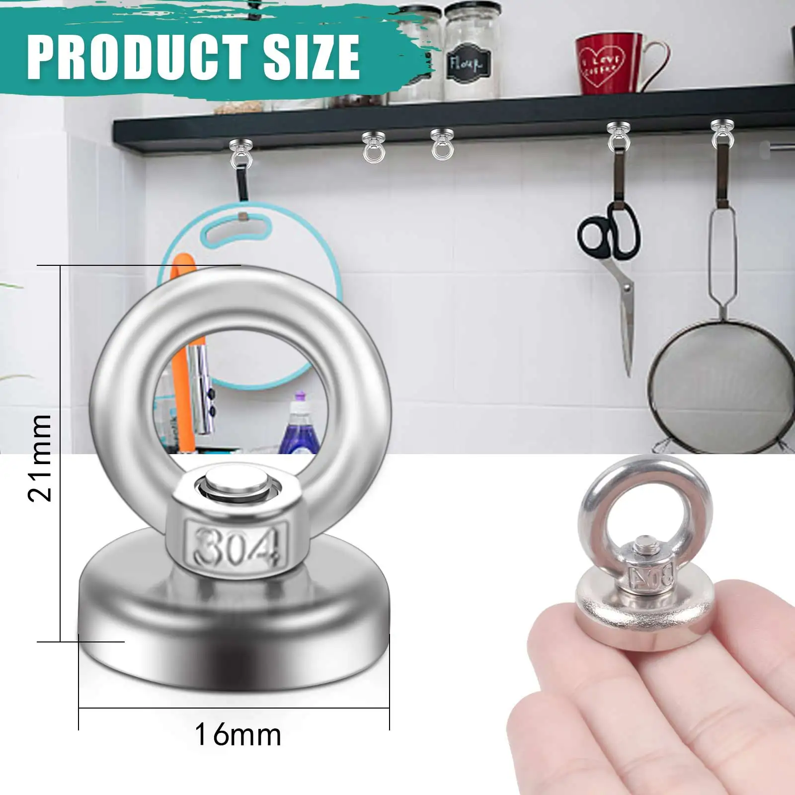 16mm Neodymium Disc Magnets with Holes in the Center Strong Magnets with Rings,  Magnetic Hooks Heavy Duty for Kitchen Hanging