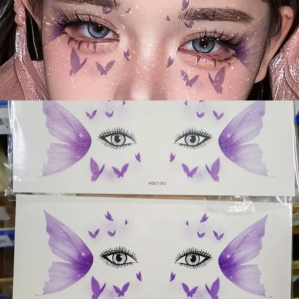 2 قطعة الفراشة الأرجواني والحب ملصقات الوشم المؤقت الفراشات ذاتية اللصق/القلب الوجه الوشم لديكور ماكياج العين الحلو Y2K #3