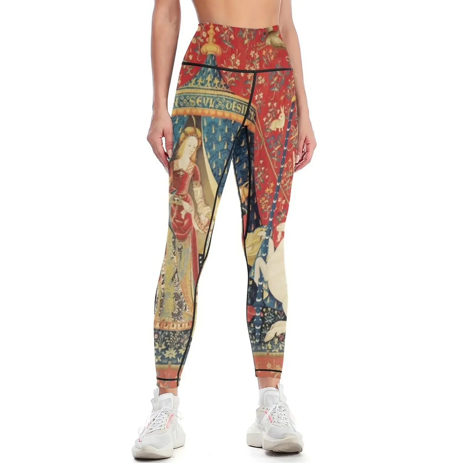 

LADY AND THE UNICORN DESIRE ,Lion,Fantasy Flowers,Animals,Red Green Floral Tapestry Leggings Sports pants woman Womens Leggings