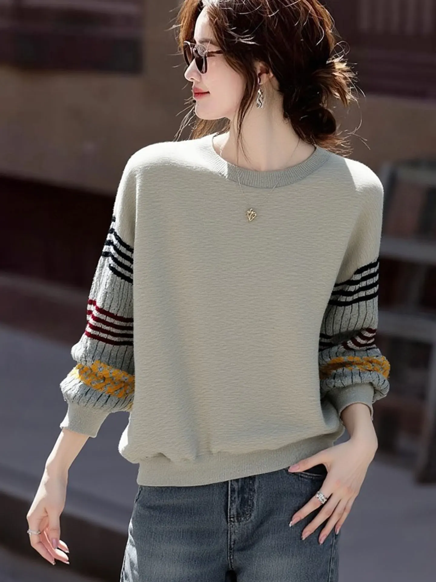 

Женский вязаный шерстяной свитер свободного кроя с круглым вырезом, длинными рукавами, в стиле колор-блок, утолщенный, повседневный, весенний