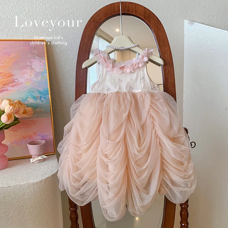 Sweet girls' dress, 2026 summer flower girls' decorative petal collar princess children's exquisite mesh dress