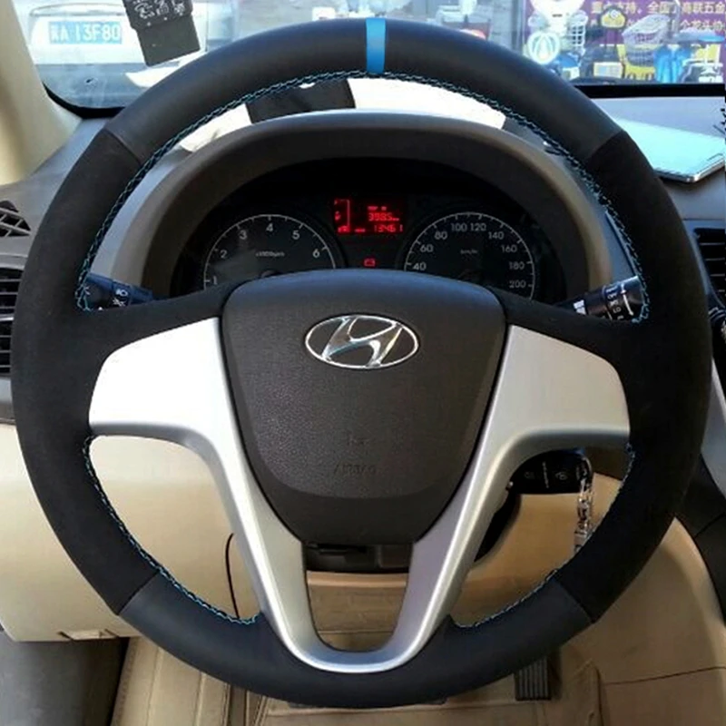 Custom Steering Wheel Cover Suede Genuine Leather Fit For Hyundai Solaris (RU) 2010-2016 Verna 2010-2016 i20 2009-2015 Accent