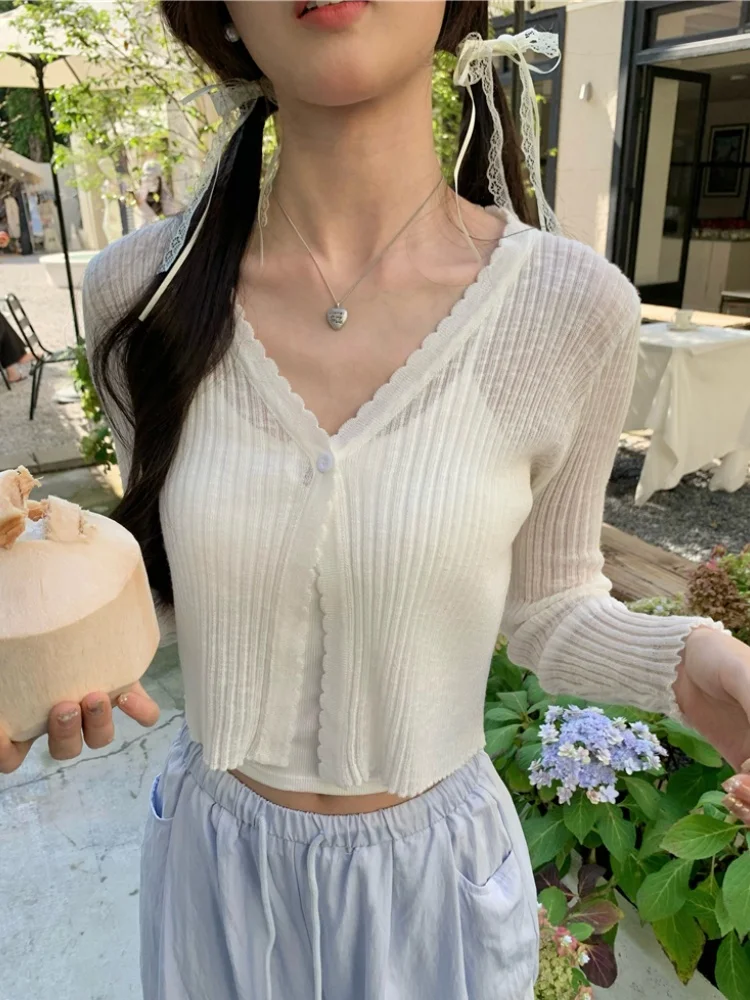 

Ice Silk Knitted Long Sve Cardigan Lightweight Women's Sle V-Ne Button up Casual Wear Summer Autumn Season White Color
