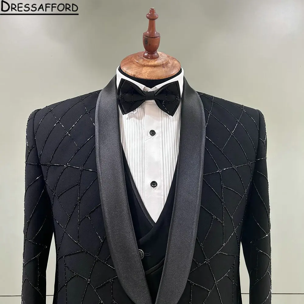 Black 2 Pieces Groom Wedding Tuxedos Beading Formal Suits Men Custom Made Black Prom Blazer Sets Male Fashion