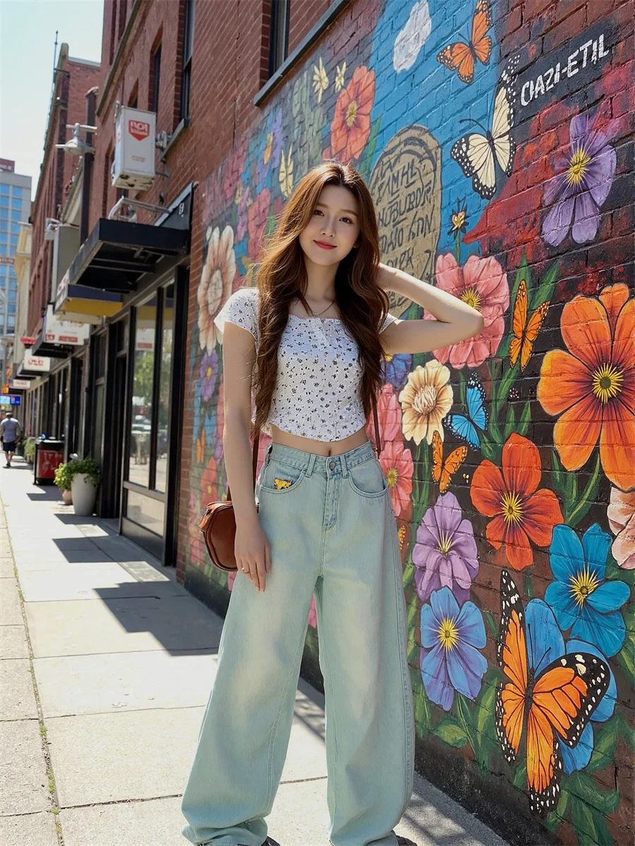 กางเกงยีนส์ขากว้างทรงหลวมสำหรับผู้หญิง แต่งลูกปัดโลหะเต็มด้านข้าง ล้างสีแบบดิบ ทรงสวย ใส่ได้ทุกวัน เหมาะสำหรับคนสูง ผอม ใส่เดินทาง ผ้าฝ้าย ผูกเชือก สีทอง