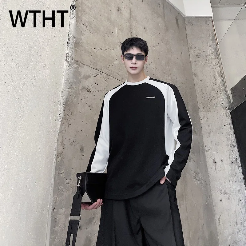 

WTHT Trendy Men's Splicd Contrast Color Casual T-shirts Fashion O-neck Long Sleeves Pullover Male 2026 Summer 2A2900