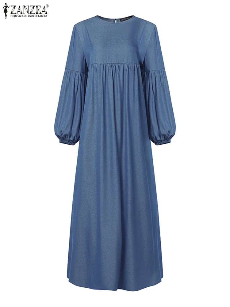 

Осень 202, джинсовые синие платья ZANZEA, женское элегантное мусульманское платье с длинными рукавами, халат Абая, Femme Maxi, длинное платье,IsIamic Cloth