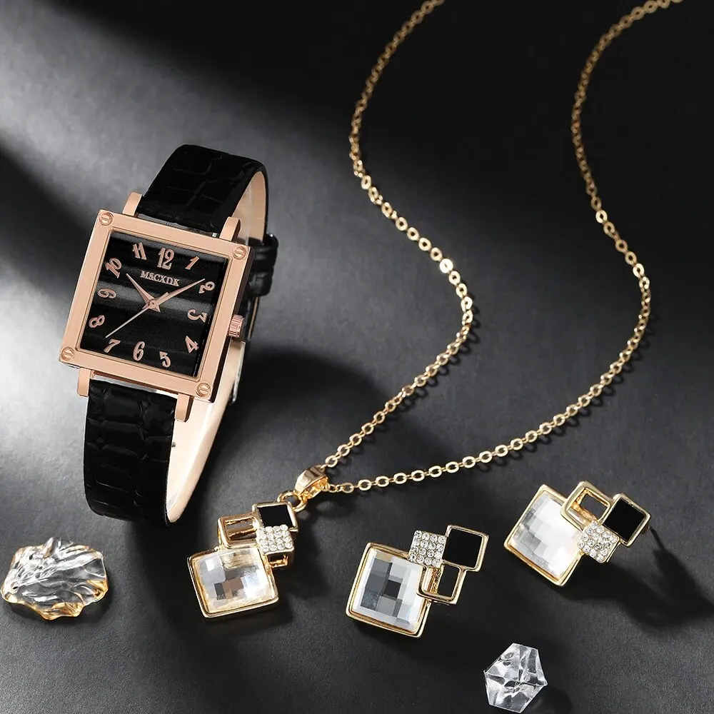 4PCS Set Women Elegant Quartz Watch Analog Wristwatch & Necklace Earrings Jewelry Set Dress Clock Montre Femme