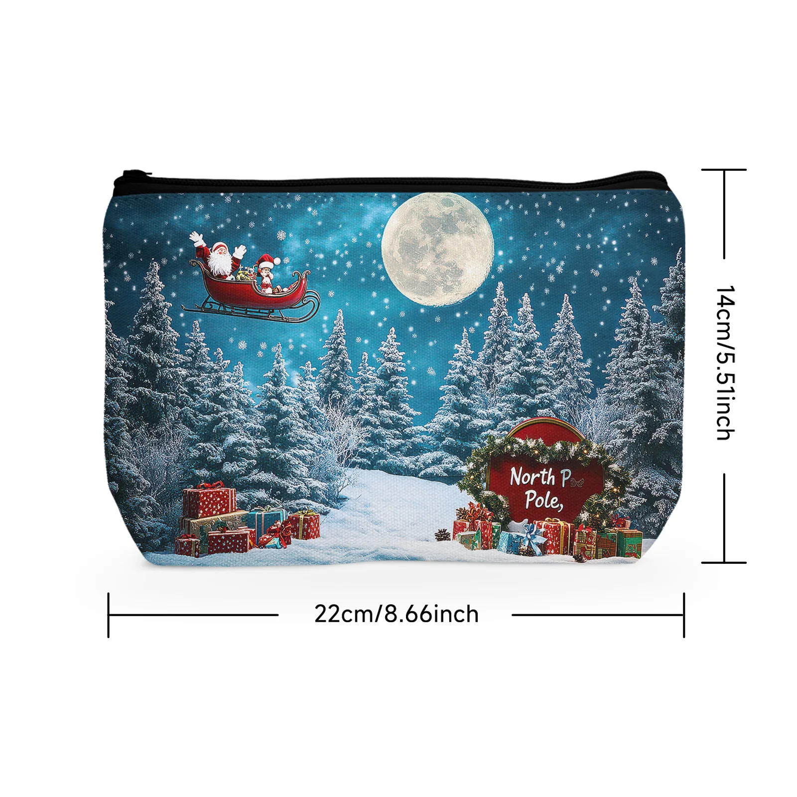 1Pc Christmas Eve Forest Snow Scene Cosmetic Bag Winter Pine Tree Natural Landscape Sled Full Moon Night Cosmetic Bag