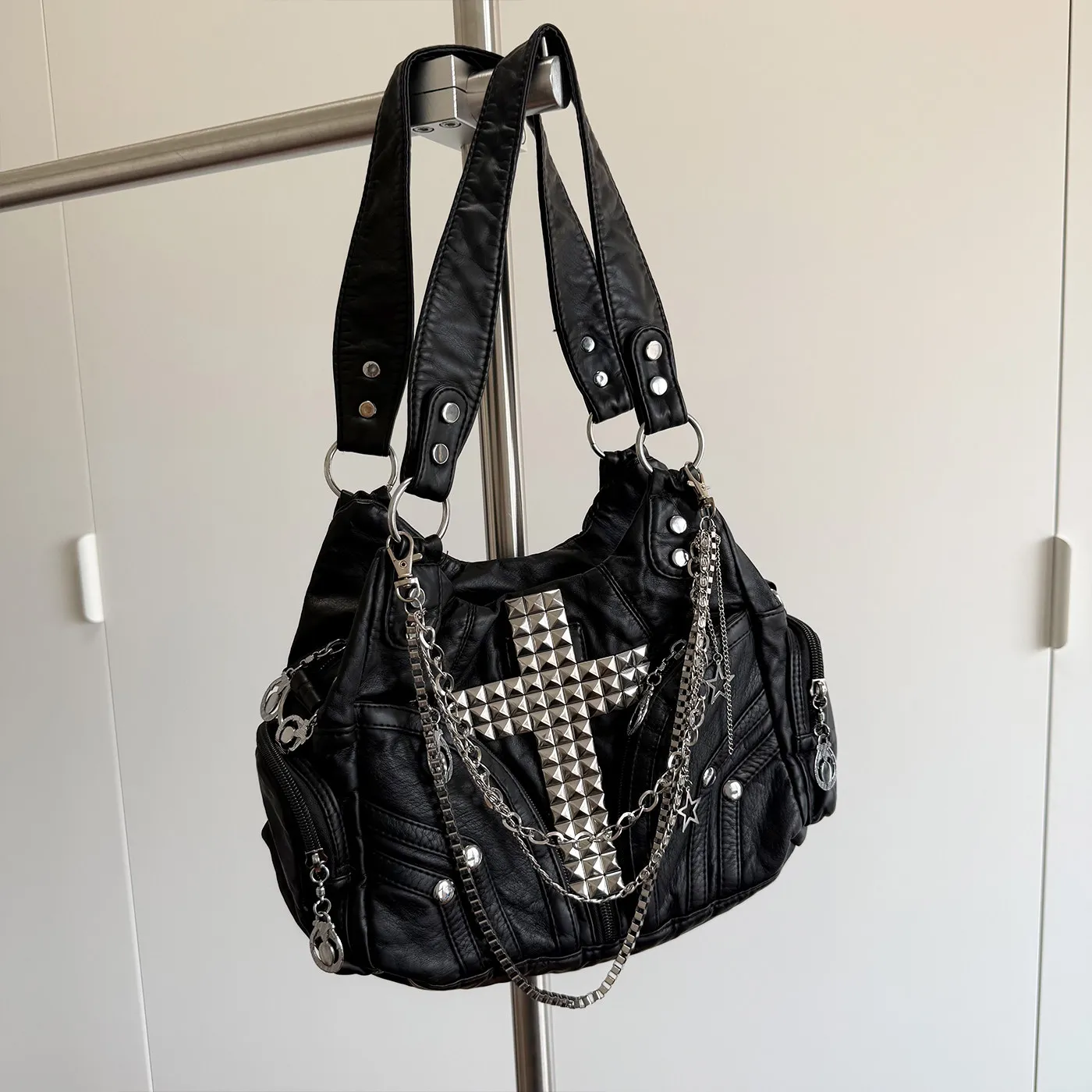 Punk Style Chain Bag Black Locomotive Bag Cross Subculture Goth Shoulder Bags Tote for Women's Versatile Messenger Bag