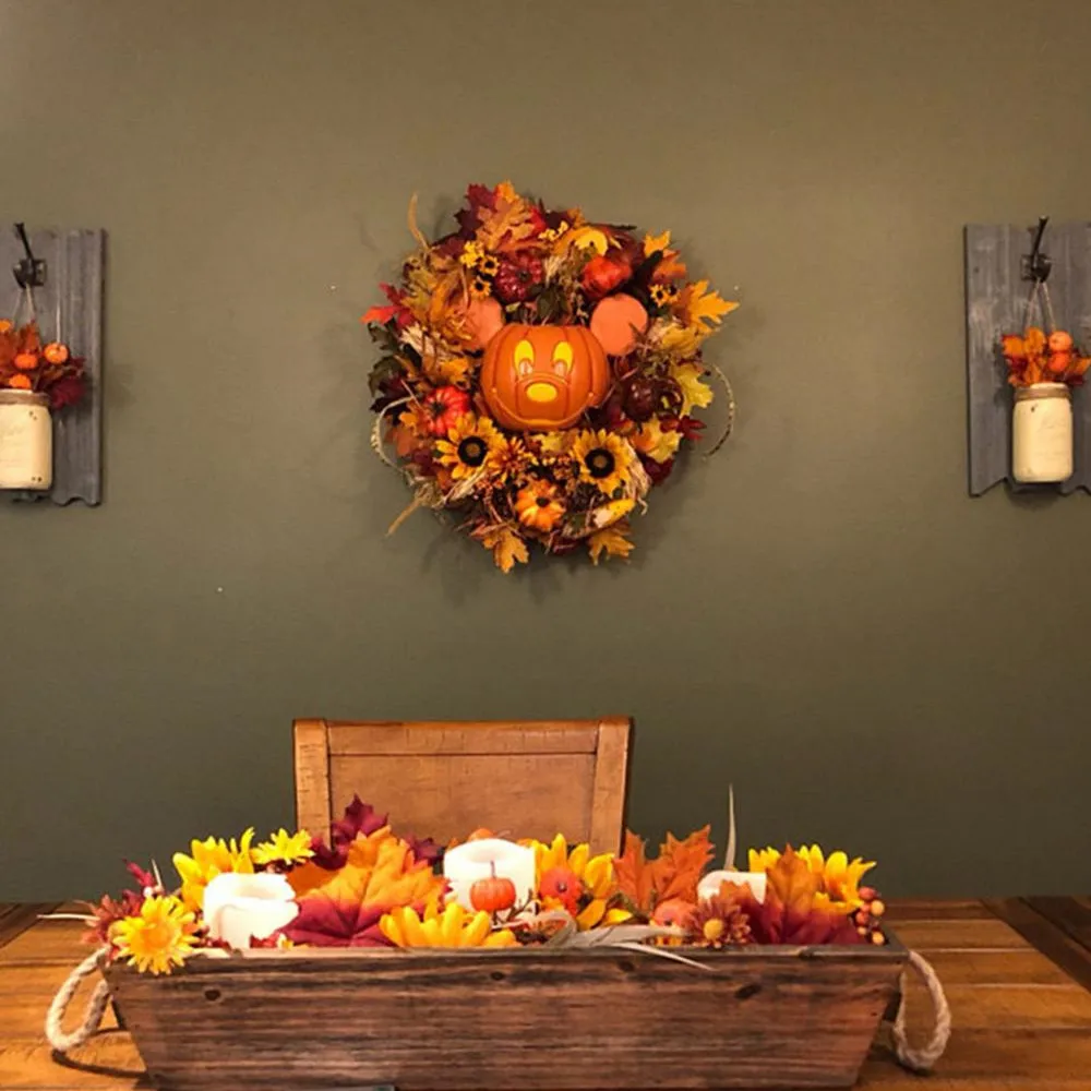 

Halloween Fall Mickey Wreath with Pumpkins Artificial Maples & Sunflower for Front Door Autumn Harvest Holiday Decor