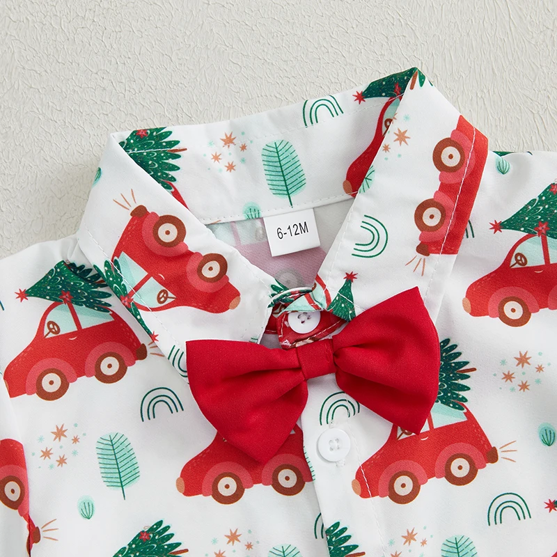 Conjunto de verano de camisa de manga corta con botones y pantalones cortos, traje de Navidad para niño pequeño, estampado de árbol de coche