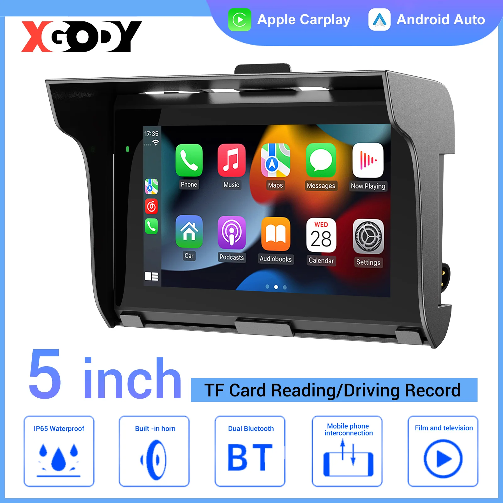 ESSGOO 5inch Motorcycle Carplay MP5 Portable Smart Player Wireless Carplay Android auto with Front&Back Camera Motorcycle DVR