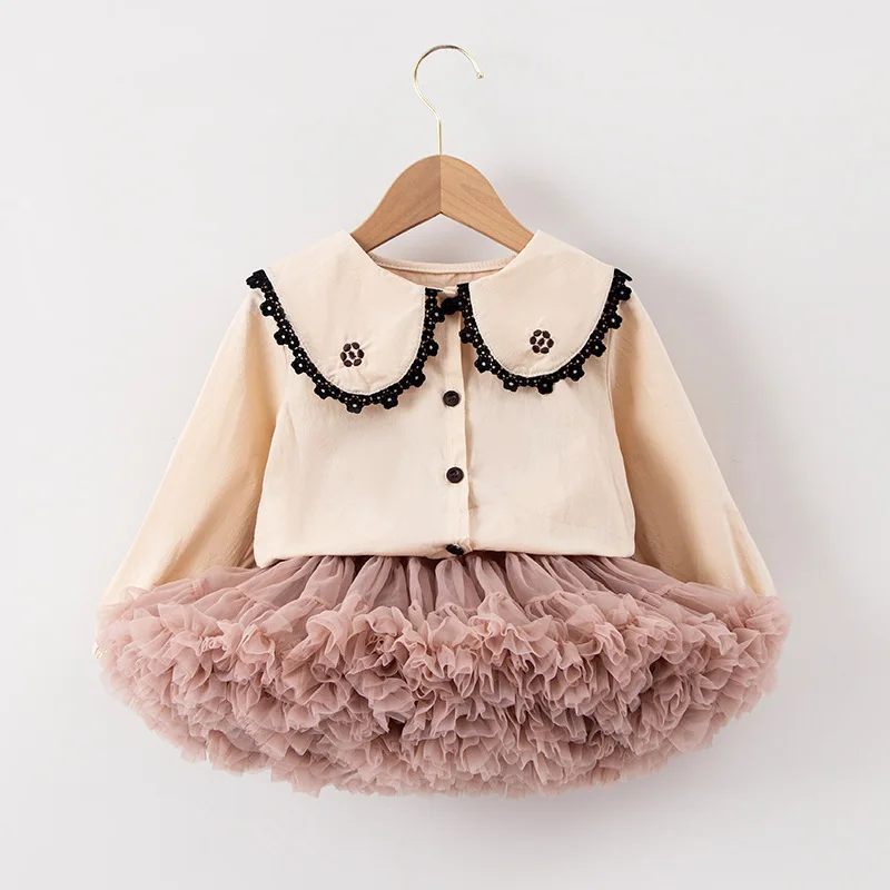 Summer Girls Suit Korean Style Sailor Long Sleeve+Tutu Skirt 2Pcs Suits  Pettiskirt Solid Skirt Outfits for Girl  W-S1069