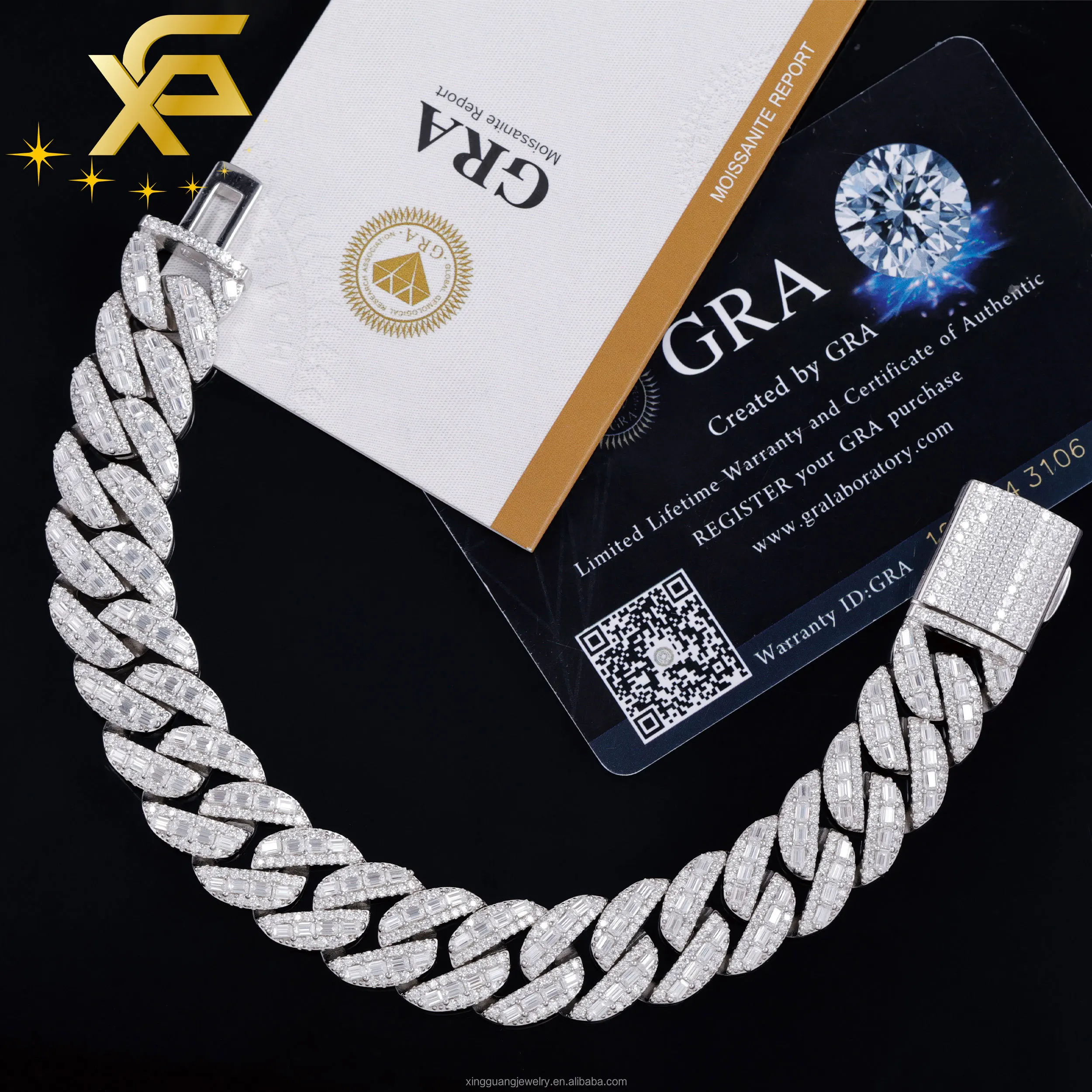 Emeradl Cut Full Ice Out Large Moissanite in the Middle 18K Gold Plated VVS Diamond Silver Cuban Link Chain Necklace...