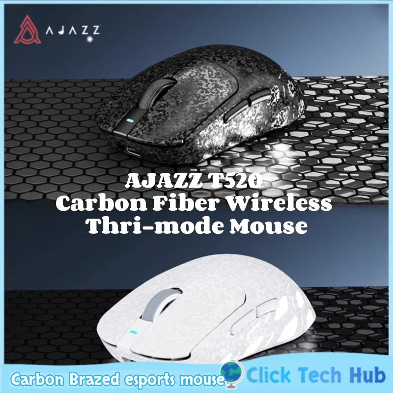 

Ajazz T520 Карбоновая паяная киберспортивная мышь Беспроводная Bluetooth Paw3395 Трехрежимная Dpi Регулировка Легкая игровая компьютерная офисная мышь