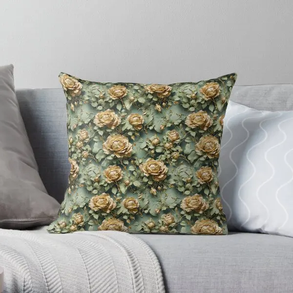 

3D Gold Roses Floral Seamless Pattern Printing Throw Pillow Cover Bed Wedding Hotel Fashion Home Pillows not include One Side