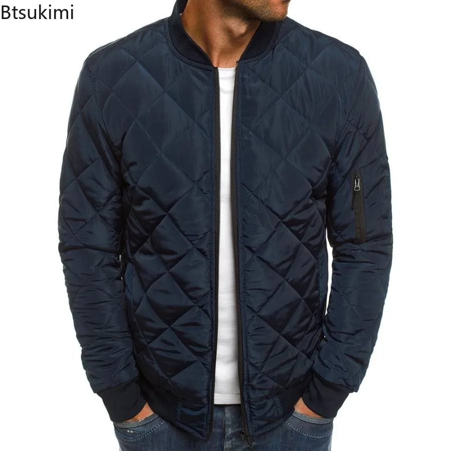 Men's Fashion Classic Zipper Parkas Autumn and Winter Warm Loose Rhombus Cotton Padded Solid Color Jacket Coats Male Clothing