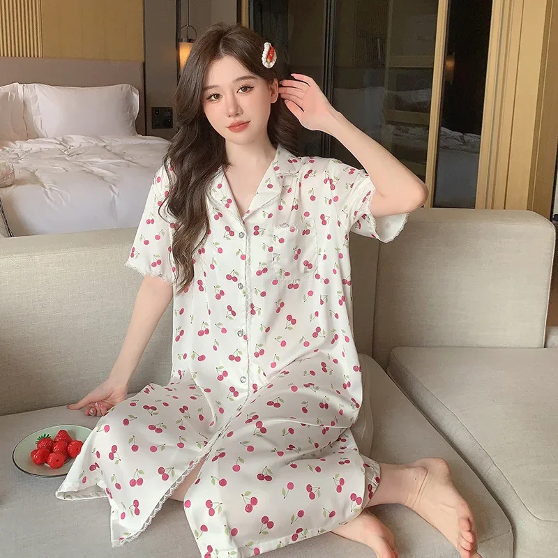 

Summer Women Sleepwear Print Sleepshirt Home Dress Silky Satin Nightshirt Morning Gown Turn Down Collar Shirt Loungewear