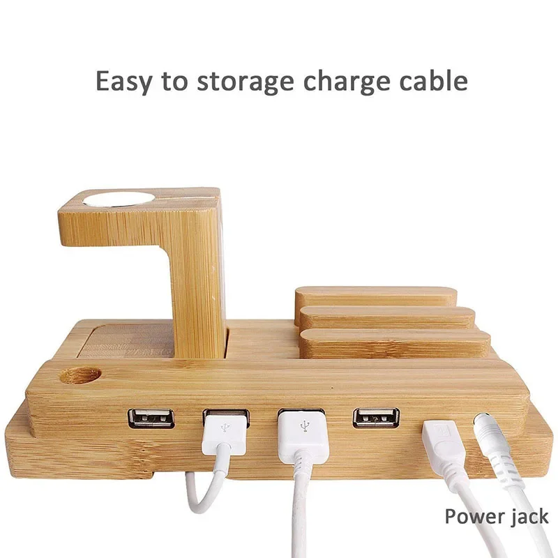 

Bamboo Wooden 4 in 1 for Apple Watch USB 4 Port Micro HUB Charging Stand Station Dock Platform Cradle Holder for iPhone 8 Huawei