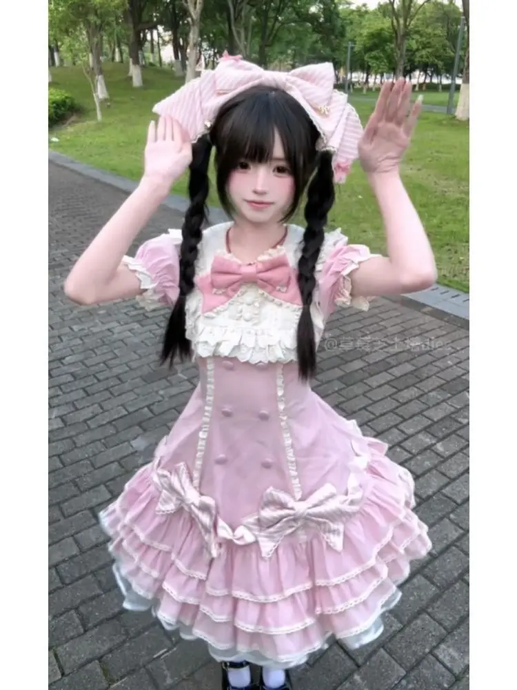Sweet Lolita Summer Puff Sleeve Ruffle Bow Doll Collar Dresses Female High Waist Cake Skirt Bow Design Dress Sweet Lolita Party image 5
