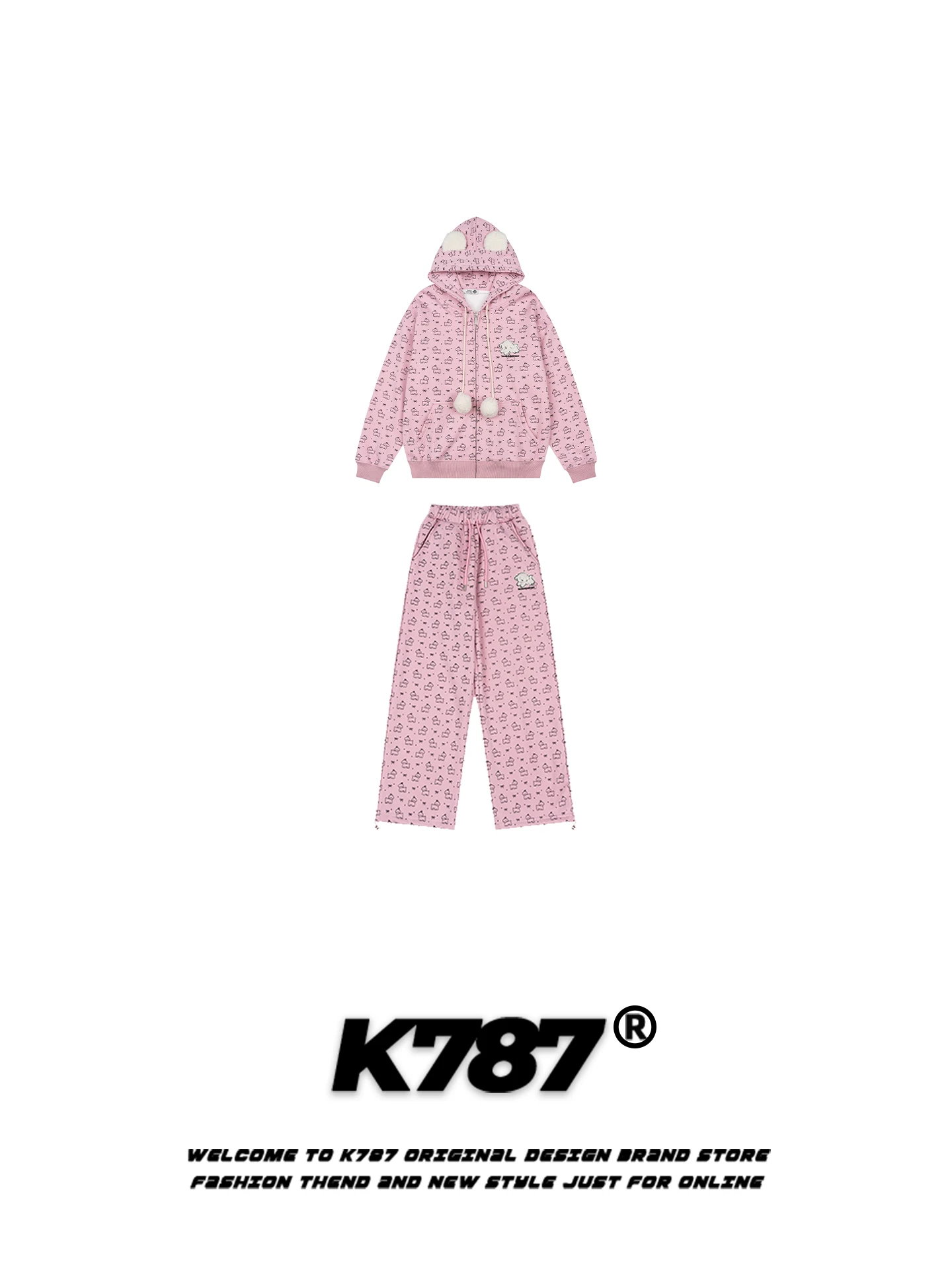 

K787 American Street Sle Dog Ear Hoodie Women's Casual Elastic Waist Wide Leg Pants Set ort Sve Zipper Regular Fit