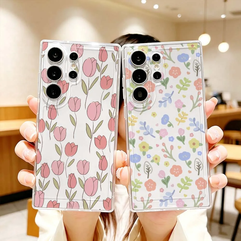 Cartoon Floral Leaf Pattern Phone Case For Samsung Galaxy S26 S25 S24 S23 S22 S21 S20 Ultra Plus FE Pro 5G Transparent Cover