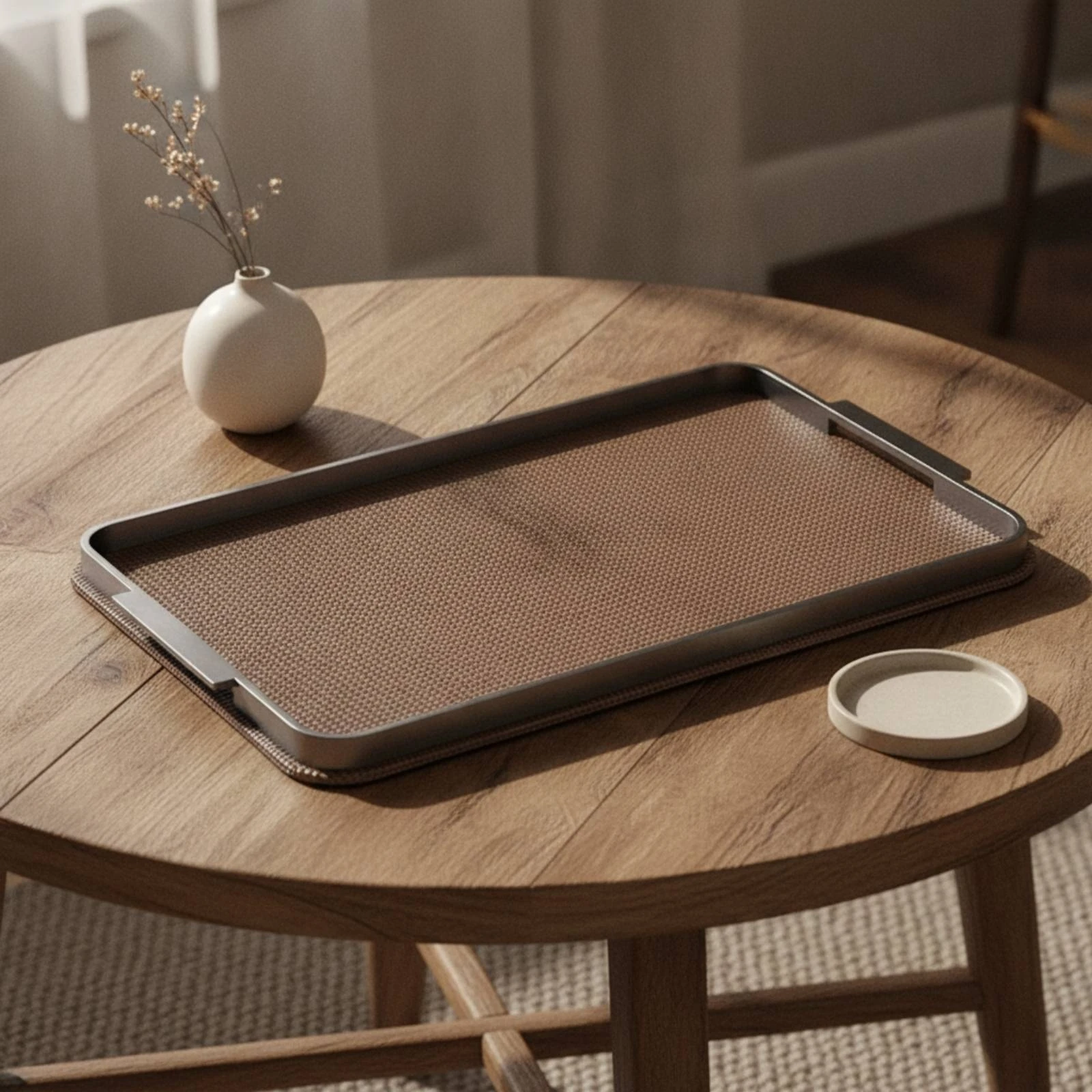 Tray with Metal Rim Modern Tray with Woven Base Elegant Farmhouse for Coffee Table, Vanity
