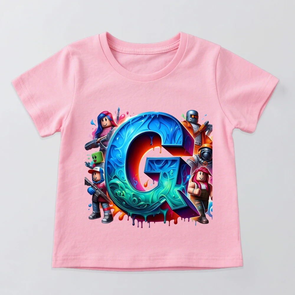 

Хлопковая футболка с принтом Roblox Alphabet 26 Letters для мальчиков и девочек, детская футболка, детская одежда, летняя повседневная футболка