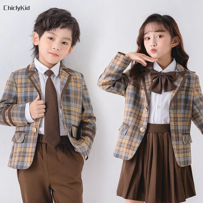 Child School Uniform Girls Korean Japanese Plaid Jacket Pleated Skirts Boys Blazers Formal Dress Suits Kids Student Clothes Sets