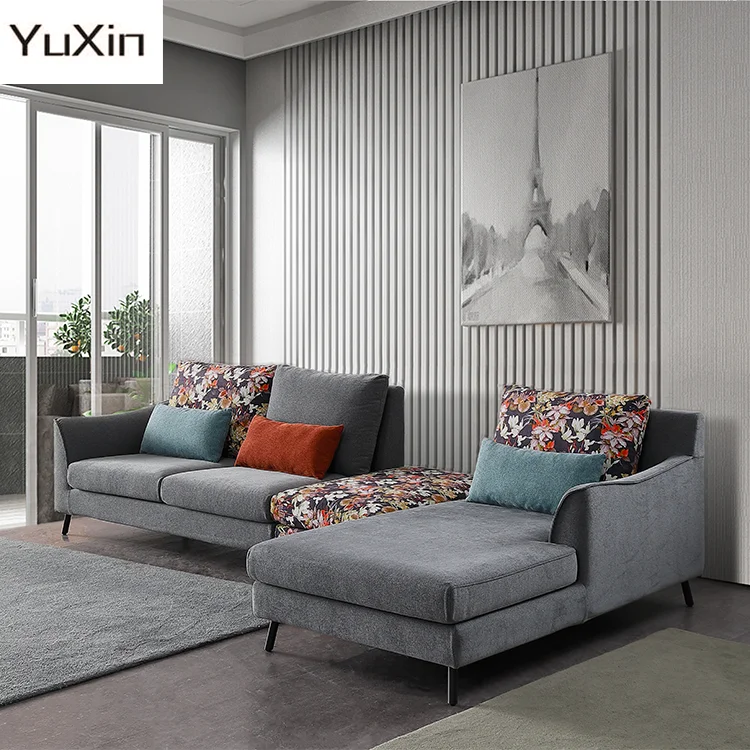 

European Style Wholesale Sectional Couch L-Shaped Fabric Sofas Wood Legs Bed with Corner Sofa Set for Living Room Sofa