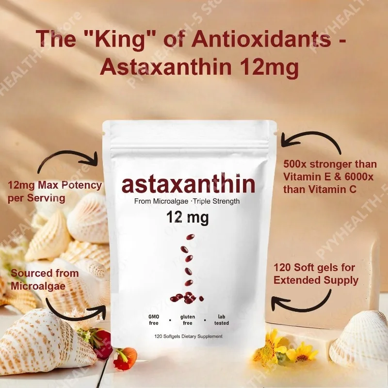 Astaxantina 12mg con Aceite MCT, Fuente de Microalgas Frescas | Triple potencia, fácil de tragar, sin OMG, sin gluten, sin soja