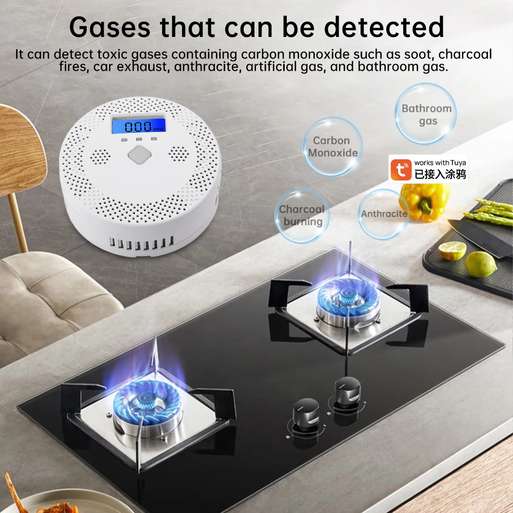 Tuya WiFi Smart Carbon Monoxide Detector Sound Flash Warning APP Alarm Warehouse Kitchen Factory Harmful Gas Detector