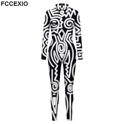 FCCEXIO Geometry Print Holiday Party Bodysuit Women Jumpsuit Carnival Party Stretch Casual Wear Cosplay Costume Sexy Jumpsuit